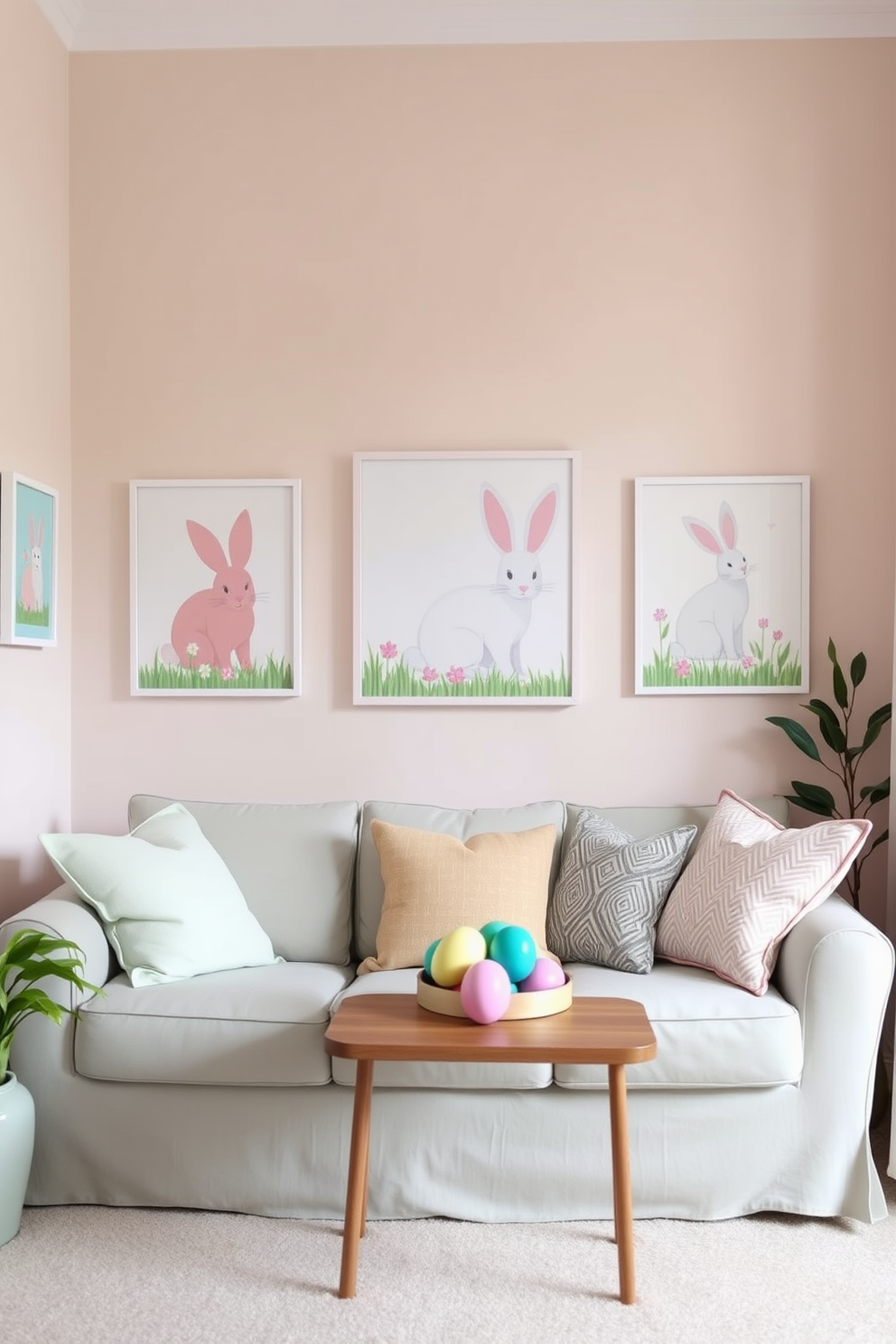 Easter themed artwork adorns the walls of a cozy small living room. Soft pastel colors dominate the decor, with playful bunnies and vibrant eggs creating a festive atmosphere.