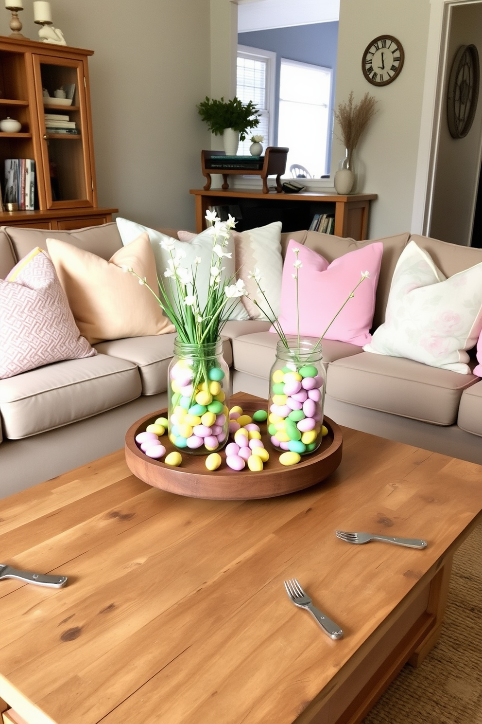 A charming small living room decorated for Easter. Mason jars filled with colorful candy eggs are placed on a rustic wooden coffee table, surrounded by pastel-colored cushions on a cozy sofa.