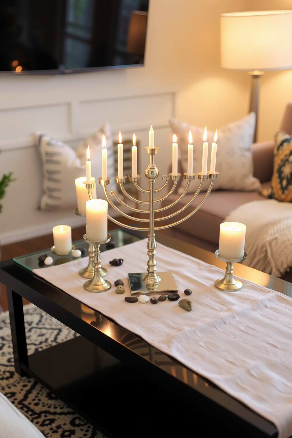 A cozy menorah is placed on the coffee table, surrounded by soft, flickering candlelight. The small living room is adorned with festive decorations, including blue and silver accents that celebrate the spirit of Hanukkah.