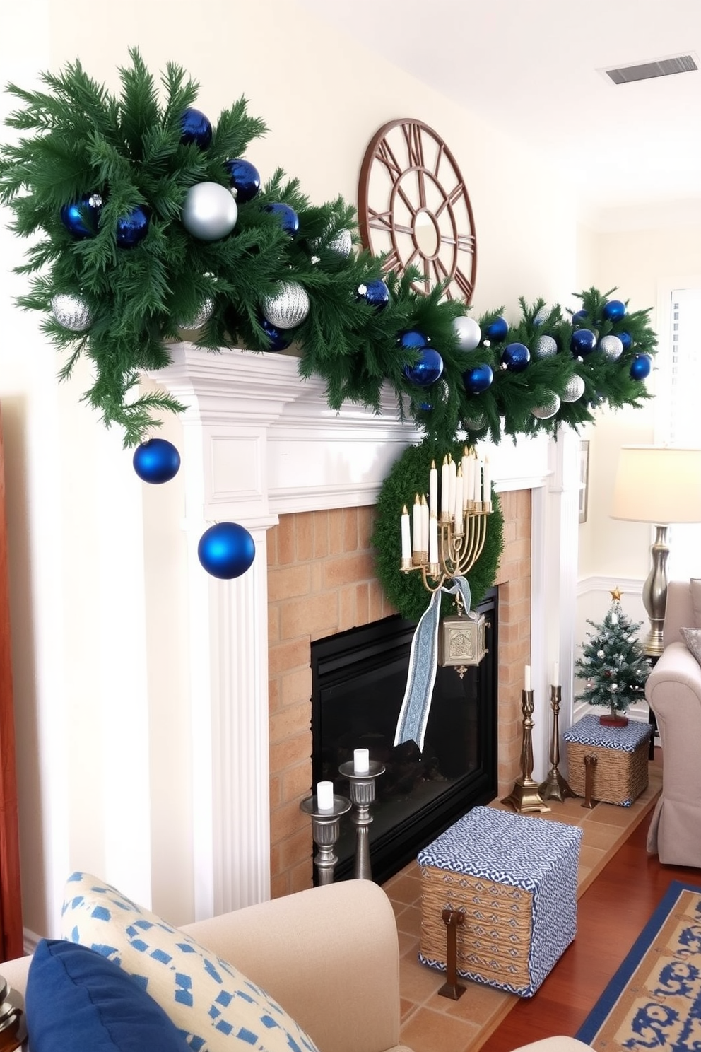 A cozy small living room adorned for Hanukkah features a festive garland draped elegantly across the mantelpiece. The mantel is decorated with blue and silver ornaments, candles, and a beautiful menorah, creating a warm and inviting atmosphere.