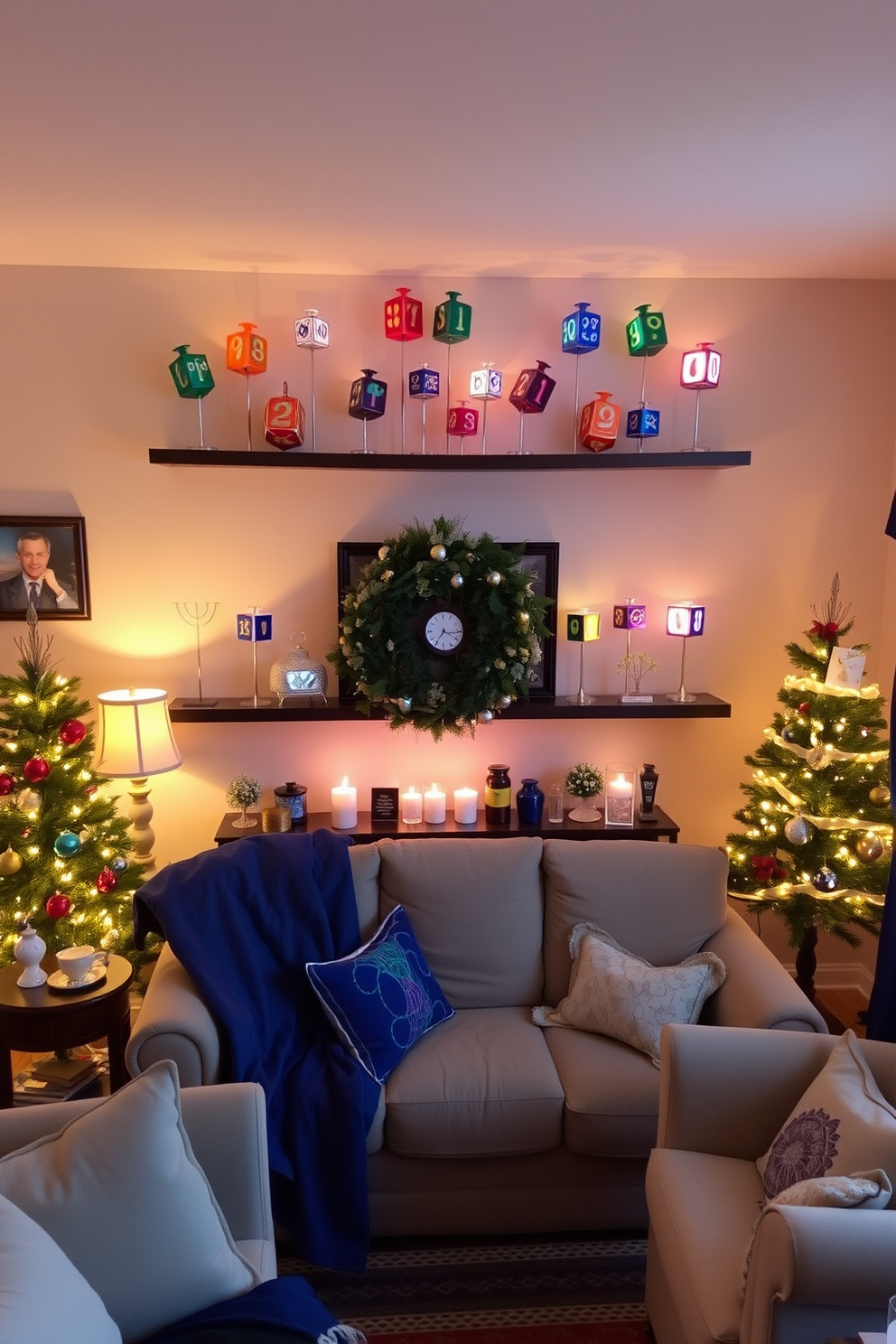 Charming dreidel centerpieces are artfully arranged on shelves, showcasing a variety of colors and designs. The small living room is adorned with warm lighting, festive decorations, and cozy seating, creating a welcoming atmosphere for Hanukkah celebrations.