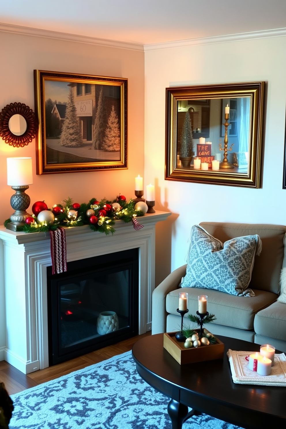 A cozy small living room decorated for Hanukkah with framed family photos showcasing joyful celebrations. The walls are adorned with blue and silver accents, and a menorah is placed on the coffee table beside a stack of festive books.