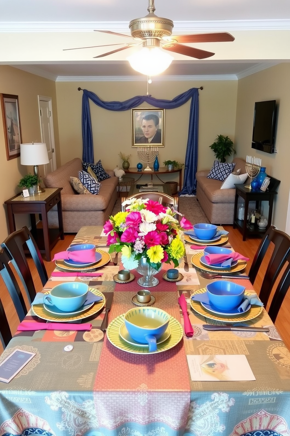 A vibrant dining table is set for a family meal. The table is adorned with a mix of colorful plates, vibrant napkins, and a centerpiece of fresh flowers. The small living room is decorated for Hanukkah celebrations. Menorahs are placed on the coffee table, and blue and silver accents are woven throughout the space.