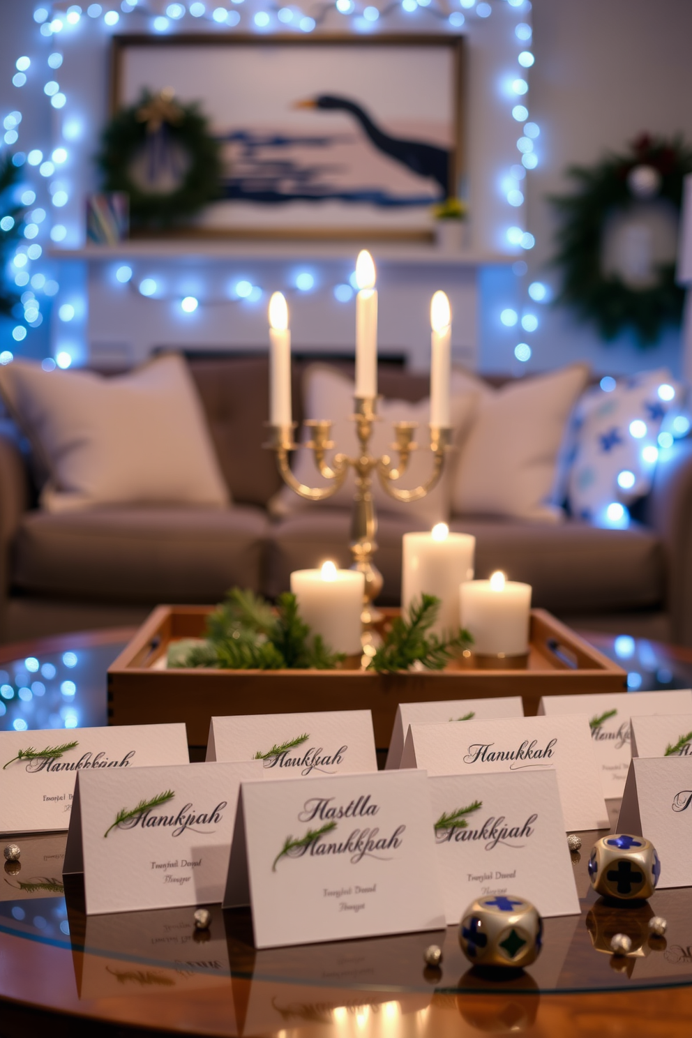 Personalized place cards for guests. Each card features elegant calligraphy on textured cardstock, adorned with a small sprig of evergreen for a festive touch. Small Living Room Hanukkah Decorating Ideas. The space is illuminated with soft blue and white lights, creating a warm ambiance, while a menorah sits prominently on the coffee table surrounded by decorative dreidels.