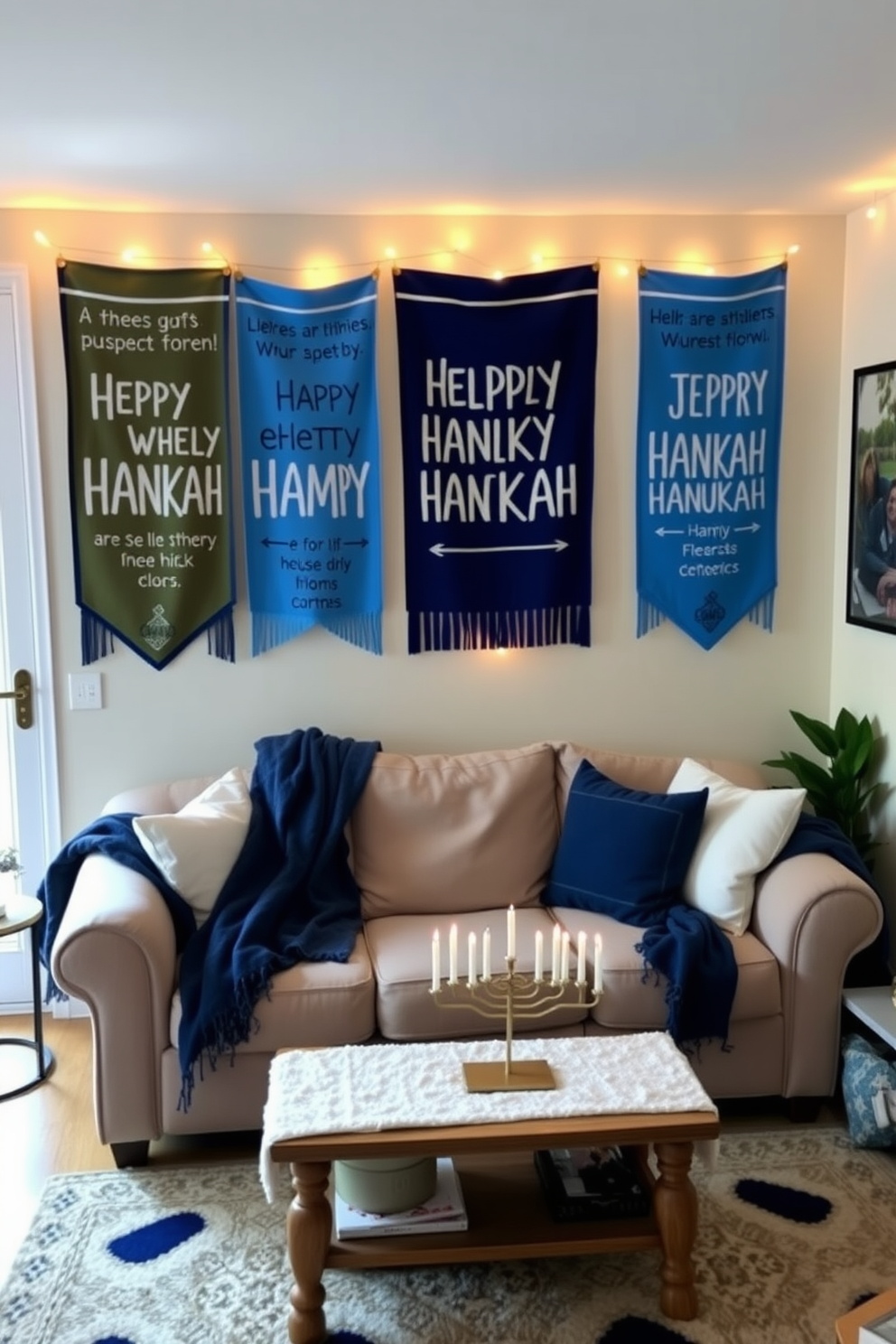 A cozy small living room adorned with felt banners featuring festive Hanukkah messages. The space is illuminated by soft warm lighting, with a plush sofa draped in blue and white throw blankets, and a decorative menorah placed on the coffee table.