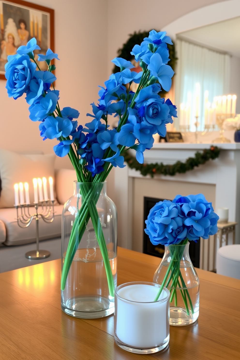 A cozy small living room decorated for Hanukkah. Stylish glass vases filled with vibrant blue flowers are placed on a wooden coffee table, complementing the warm glow of menorahs and festive candles arranged on the mantel.