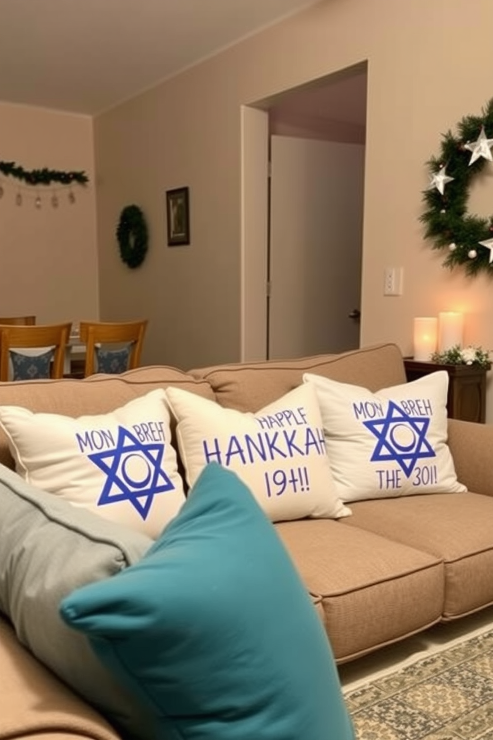 Festive throw pillows with blue accents are arranged on a cozy sofa in a small living room. The walls are adorned with subtle holiday decorations, creating a warm and inviting atmosphere for Hanukkah celebrations.