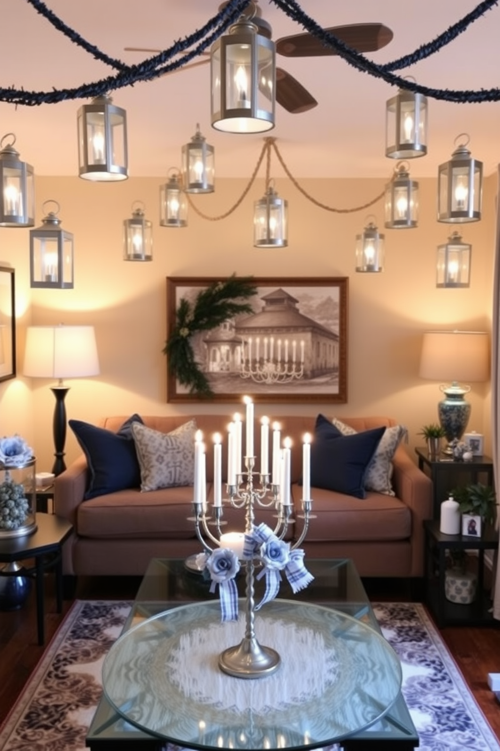 A cozy living room adorned with warm-toned lighting that creates an inviting atmosphere. The space features a plush sofa with soft throw pillows and a beautiful menorah as a centerpiece on the coffee table. Decorative string lights drape across the walls, casting a gentle glow throughout the room. Festive accents like blue and silver ornaments are tastefully arranged on shelves, enhancing the Hanukkah spirit.