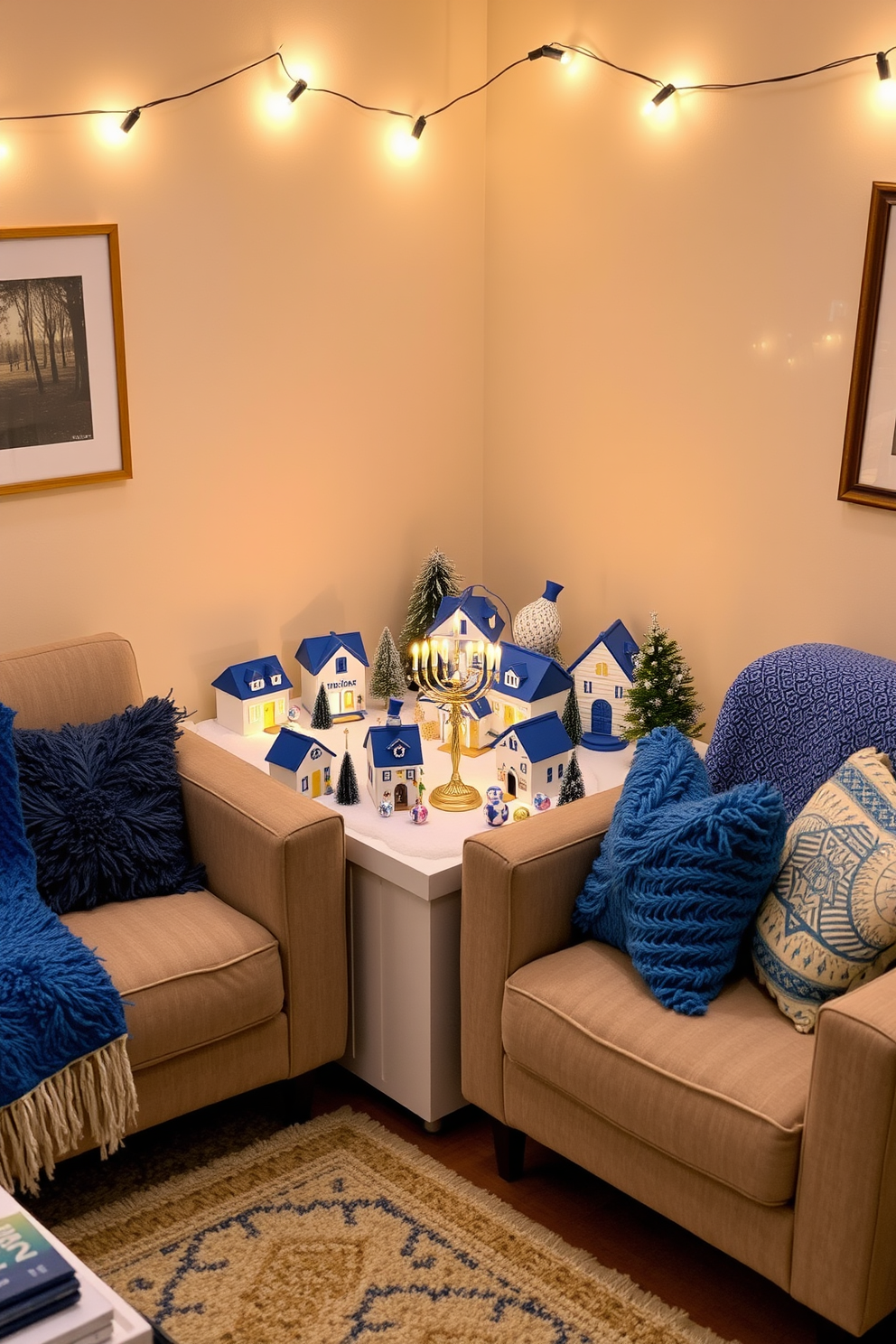 A cozy living room adorned for Hanukkah features a warm color palette with soft blues and whites. A decorative table holds a menorah with lit candles, surrounded by festive ornaments and seasonal greenery. The walls are adorned with subtle holiday-themed artwork, enhancing the atmosphere of celebration. Plush cushions in rich fabrics are scattered across a comfortable sofa, inviting relaxation and joy during the festivities.