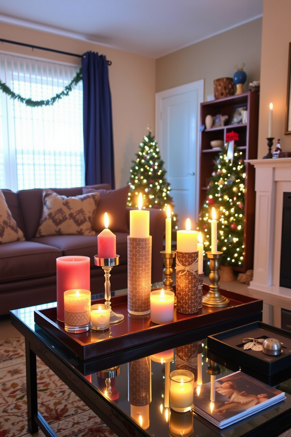 Artistic candles in unique holders create a warm and inviting atmosphere in a small living room. The candles are arranged on a coffee table, surrounded by festive decorations that reflect the spirit of Hanukkah.