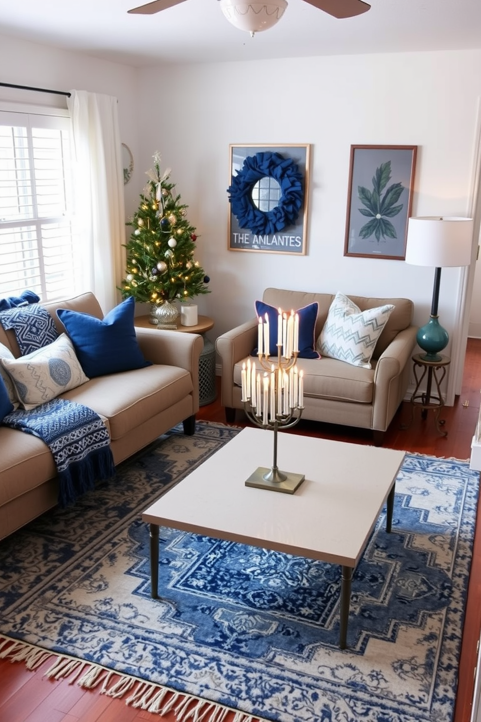 A cozy small living room adorned with layered rugs that add warmth and texture to the space. The room features a comfortable sofa with festive Hanukkah decorations, including a beautifully arranged menorah on the coffee table and blue and white accents throughout.