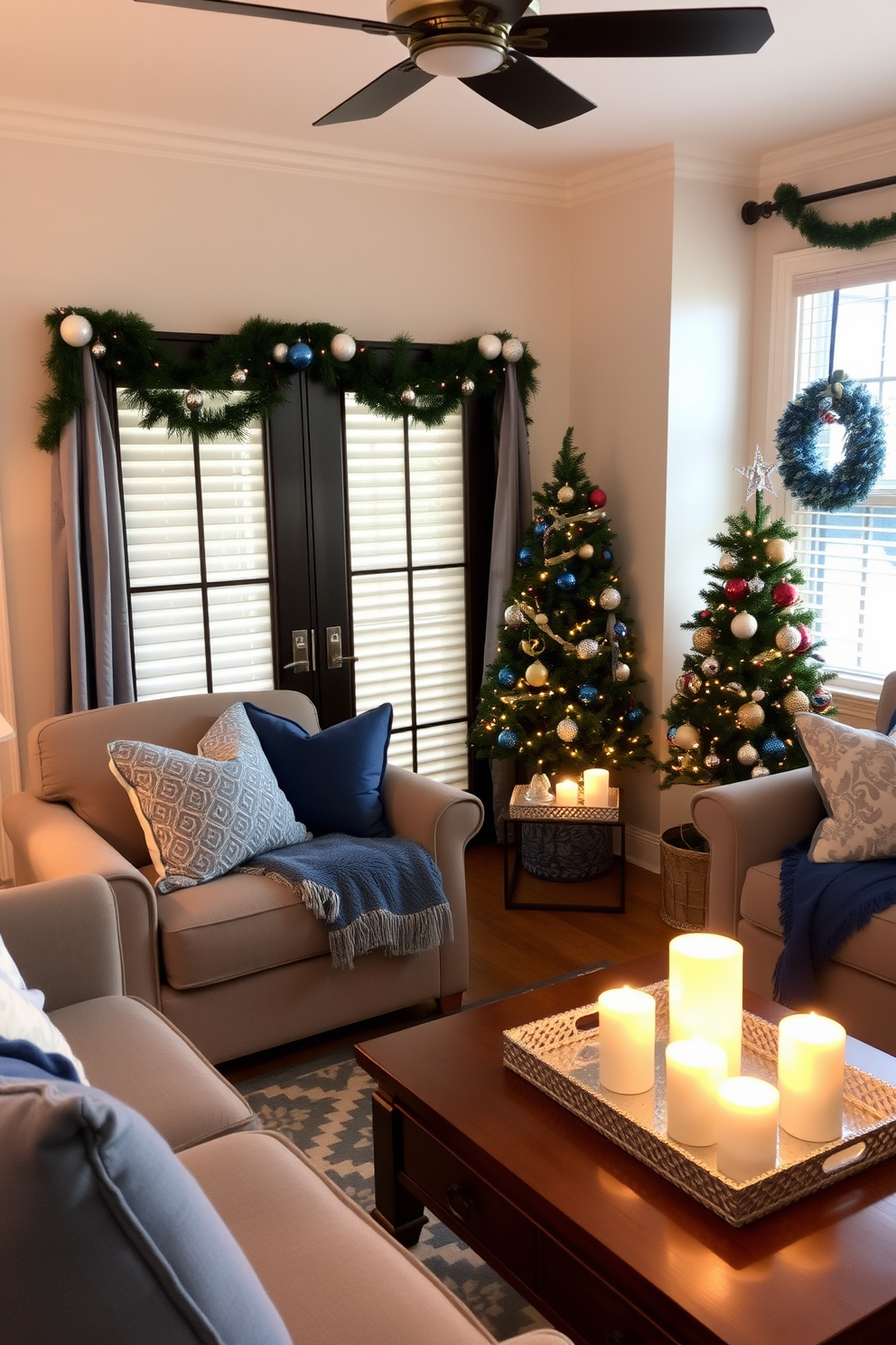 A cozy small living room adorned with festive Hanukkah decorations. Soft blue and silver accents are complemented by a warm glow from scented candles placed on a coffee table.