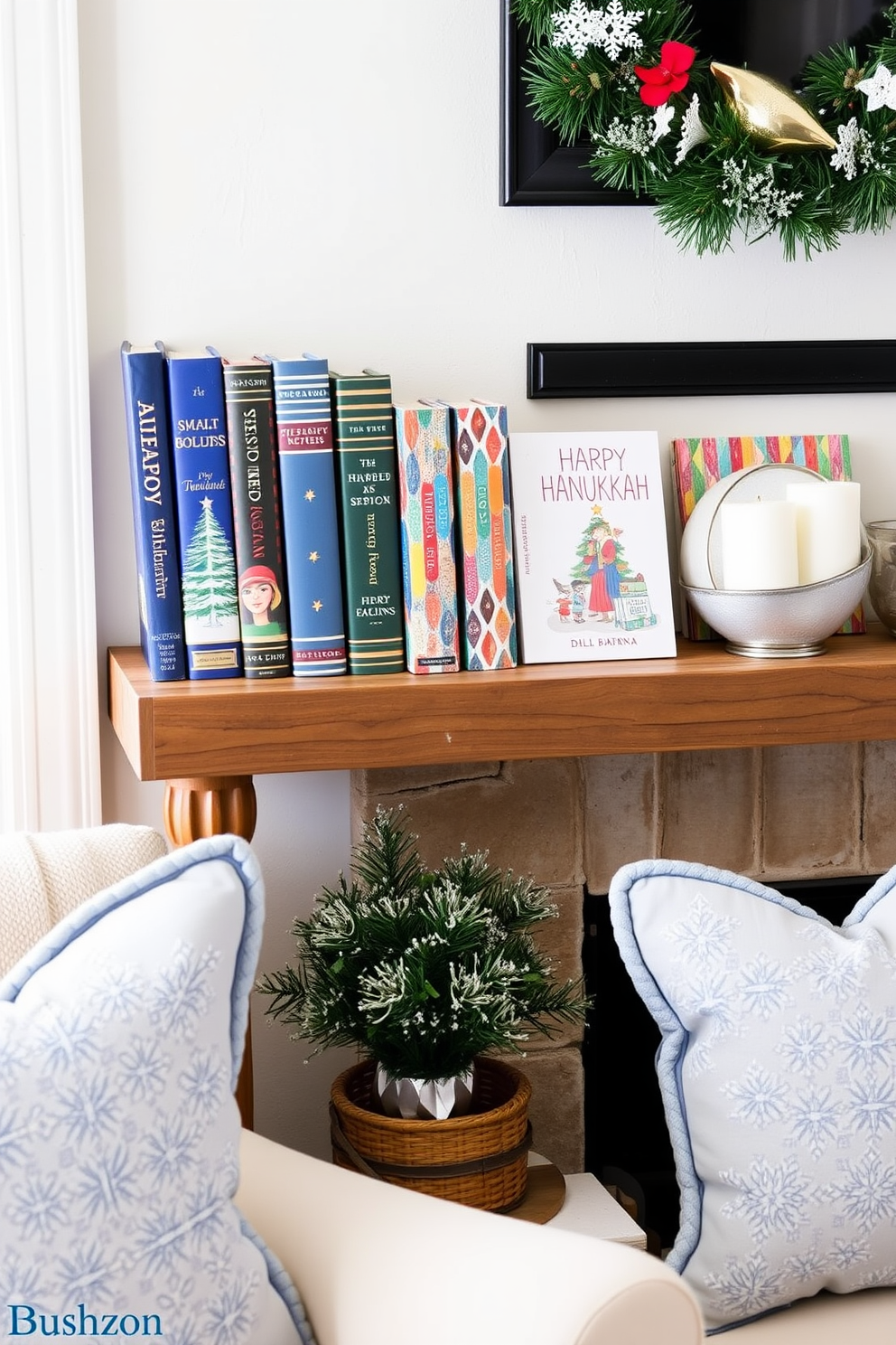 Charming holiday books are artfully arranged on a rustic wooden shelf, showcasing vibrant covers that celebrate the spirit of the season. The small living room is adorned with soft blue and silver accents, creating a cozy and inviting atmosphere for Hanukkah celebrations.