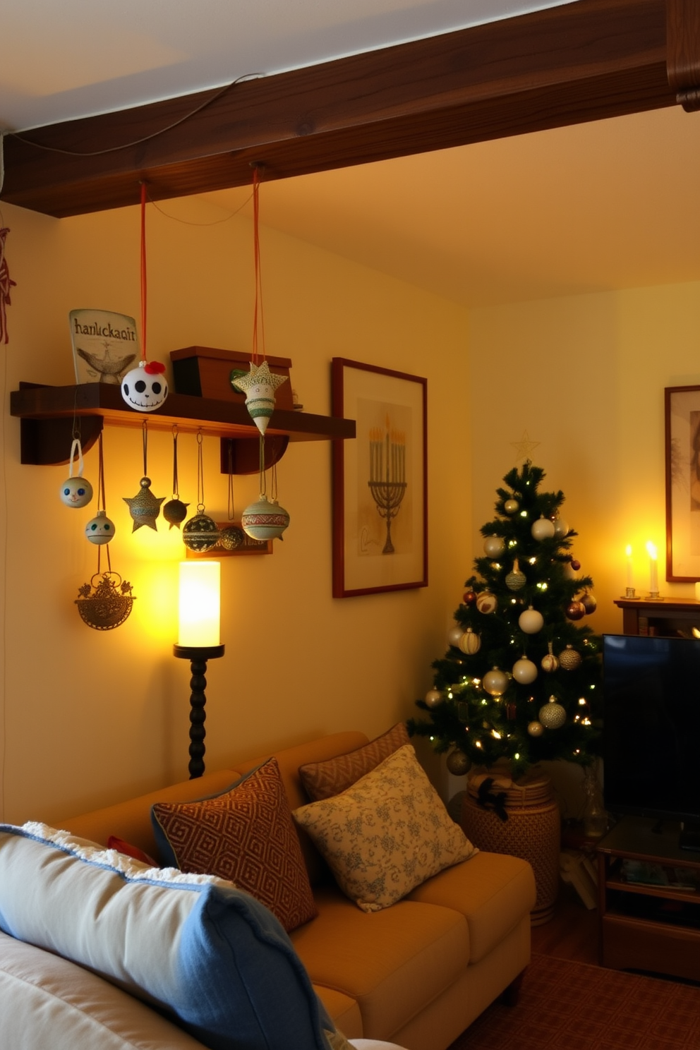 A small living room adorned with handcrafted ornaments hanging from rustic wooden shelves. The space is warmly lit with soft yellow hues, creating an inviting atmosphere for Hanukkah celebrations.