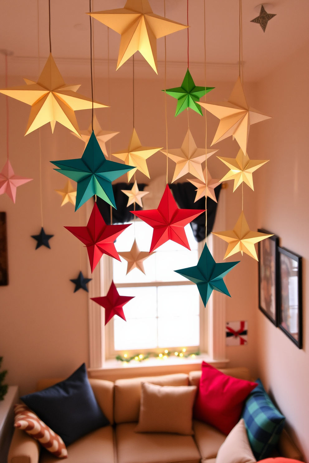 Hanging paper stars in various sizes dangle gracefully above a cozy seating area, creating a festive atmosphere. The small living room is adorned with soft, warm lighting that complements the vibrant colors of the stars, enhancing the holiday spirit.