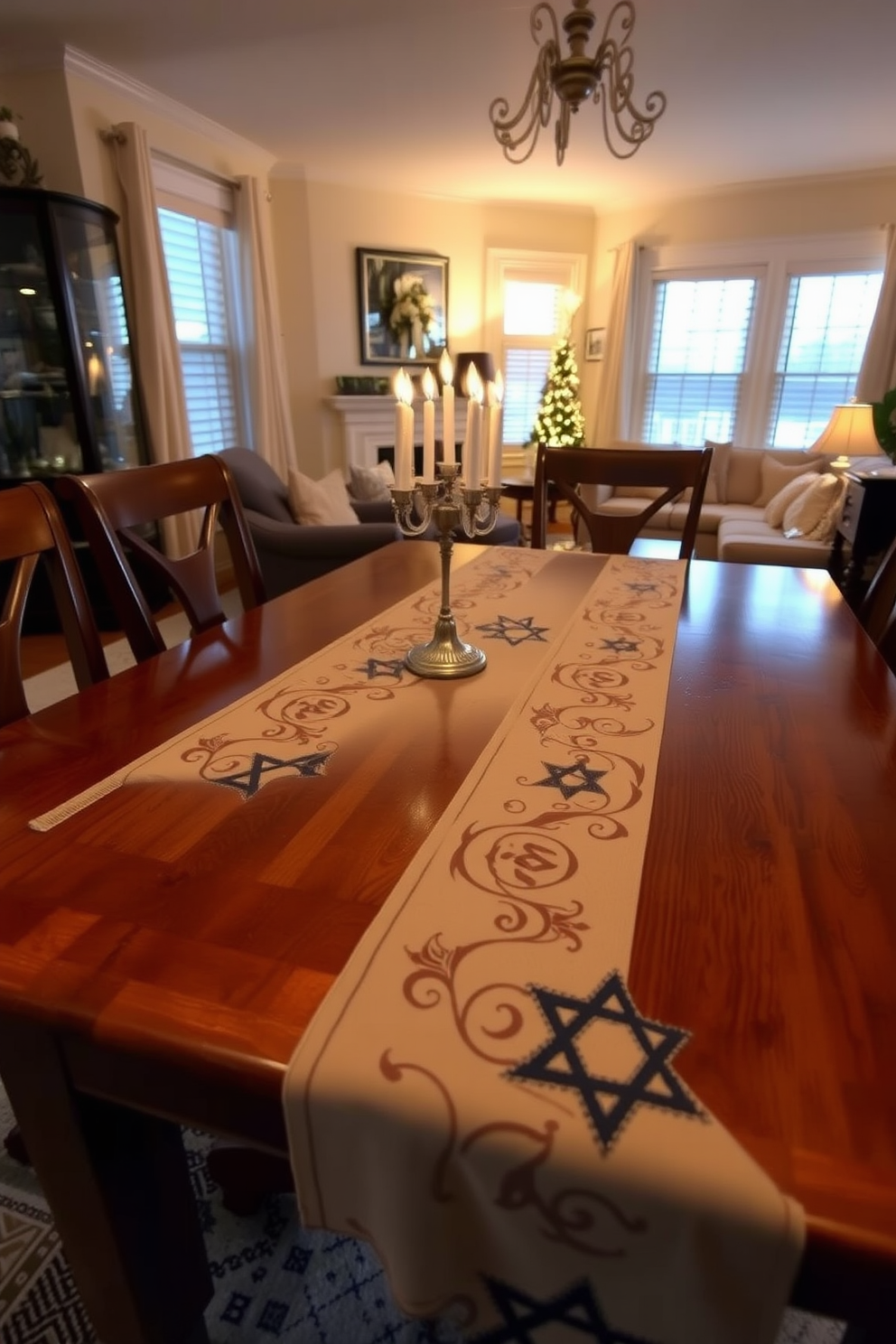 An elegant table runner adorned with dreidel motifs stretches across a polished wooden dining table. The runner is complemented by soft, ambient lighting that creates a warm and inviting atmosphere for Hanukkah celebrations in a cozy small living room.