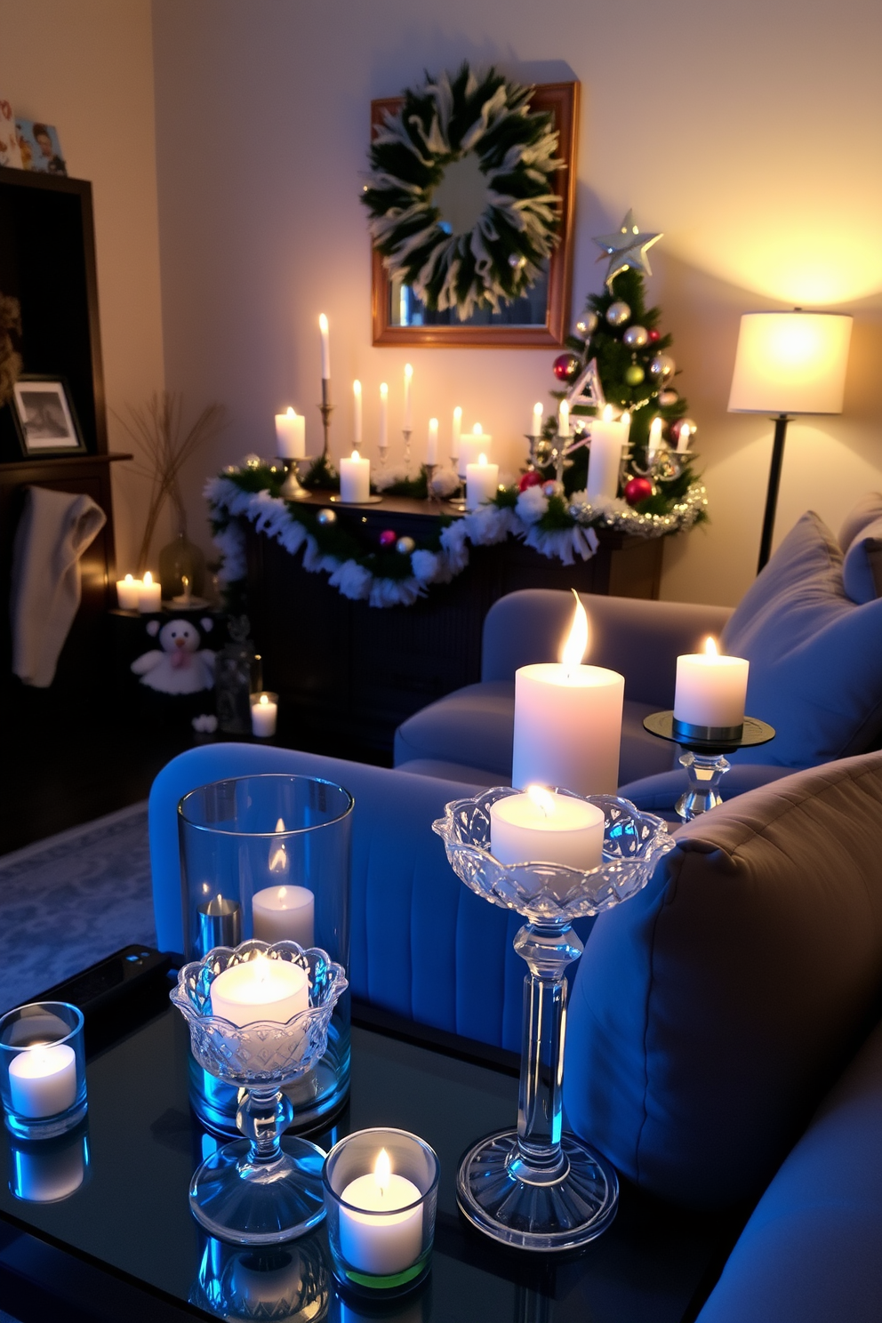 A cozy small living room adorned with string lights that create a warm and inviting glow. Festive decorations for Hanukkah include a beautifully arranged menorah on the coffee table and blue and silver accents throughout the space.