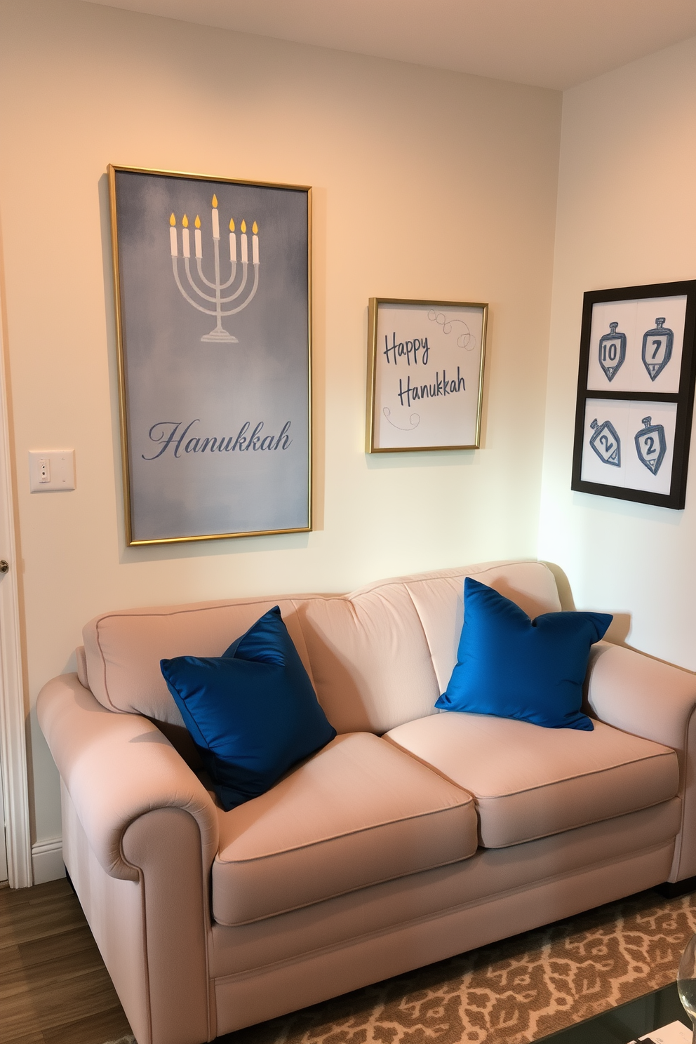 A cozy small living room adorned with wall art featuring Hanukkah symbols. The artwork includes a beautiful menorah and dreidels, adding a festive touch to the space. Soft blue and silver accents are incorporated into the decor, creating a serene atmosphere. A plush sofa is complemented by decorative pillows in shades of blue, enhancing the Hanukkah theme.