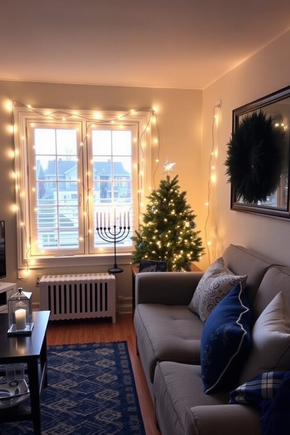 A cozy small living room adorned for Hanukkah features string lights elegantly draped around the windows, casting a warm and inviting glow. The space is decorated with blue and silver accents, including a menorah placed on a coffee table and festive cushions on the sofa.