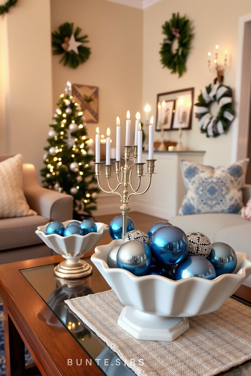 A cozy small living room decorated for Hanukkah features blue and silver ornaments arranged in elegant bowls placed on a coffee table. The walls are adorned with festive decorations, and soft lighting creates a warm and inviting atmosphere.