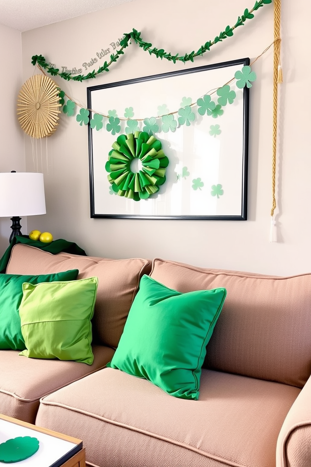 A cozy small living room decorated for St. Patrick's Day features a comfortable couch adorned with vibrant green throw pillows. The space is accented with festive decorations such as shamrocks and gold accents, creating a cheerful and inviting atmosphere.