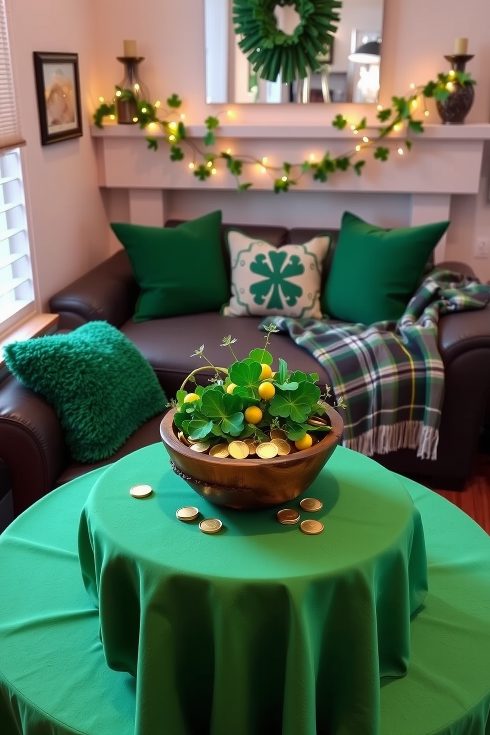 A charming St. Patrick's Day themed centerpiece featuring a small round table adorned with a vibrant green tablecloth. At the center, a rustic wooden bowl filled with fresh shamrocks and golden coins creates a festive focal point. The small living room is decorated with plush green throw pillows and a cozy plaid blanket draped over the couch. A whimsical garland of shamrocks and fairy lights hangs above the mantel, adding a touch of warmth and cheer to the space.