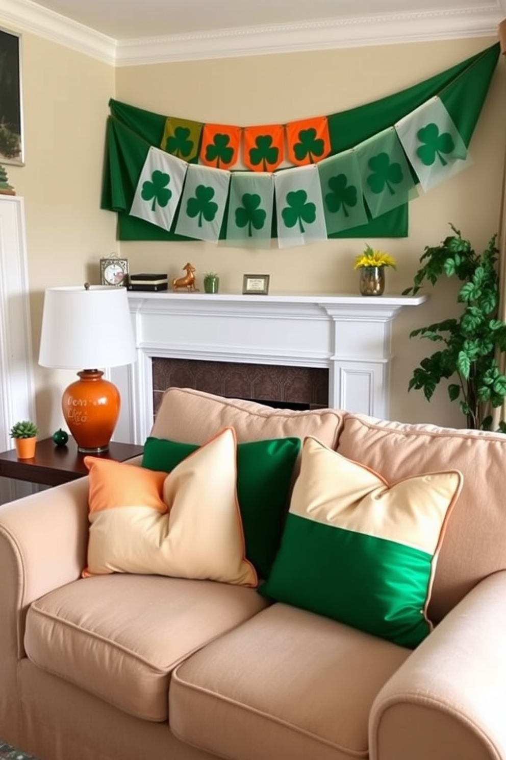 A cozy small living room adorned with decor accents in the vibrant colors of the Irish flag. Cushions in green, white, and orange are placed on a plush sofa, while a festive banner featuring shamrocks hangs above the mantel.