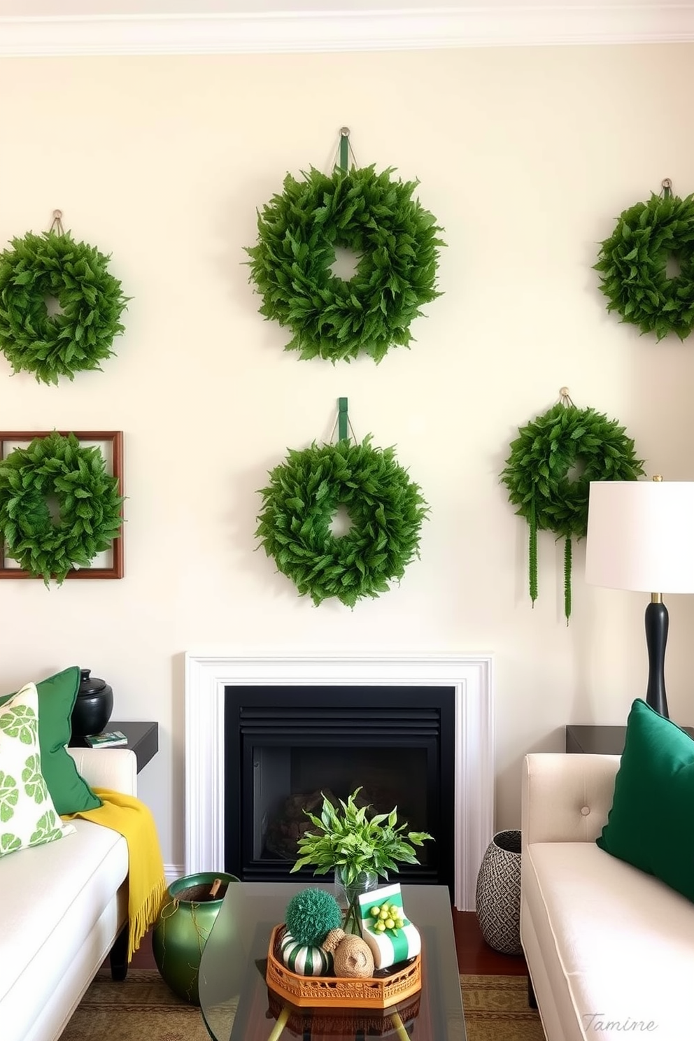 A cozy small living room adorned for St. Patrick's Day features wall-mounted wreaths made of lush greenery. The space is enhanced with accents of green and gold, creating a festive and inviting atmosphere.