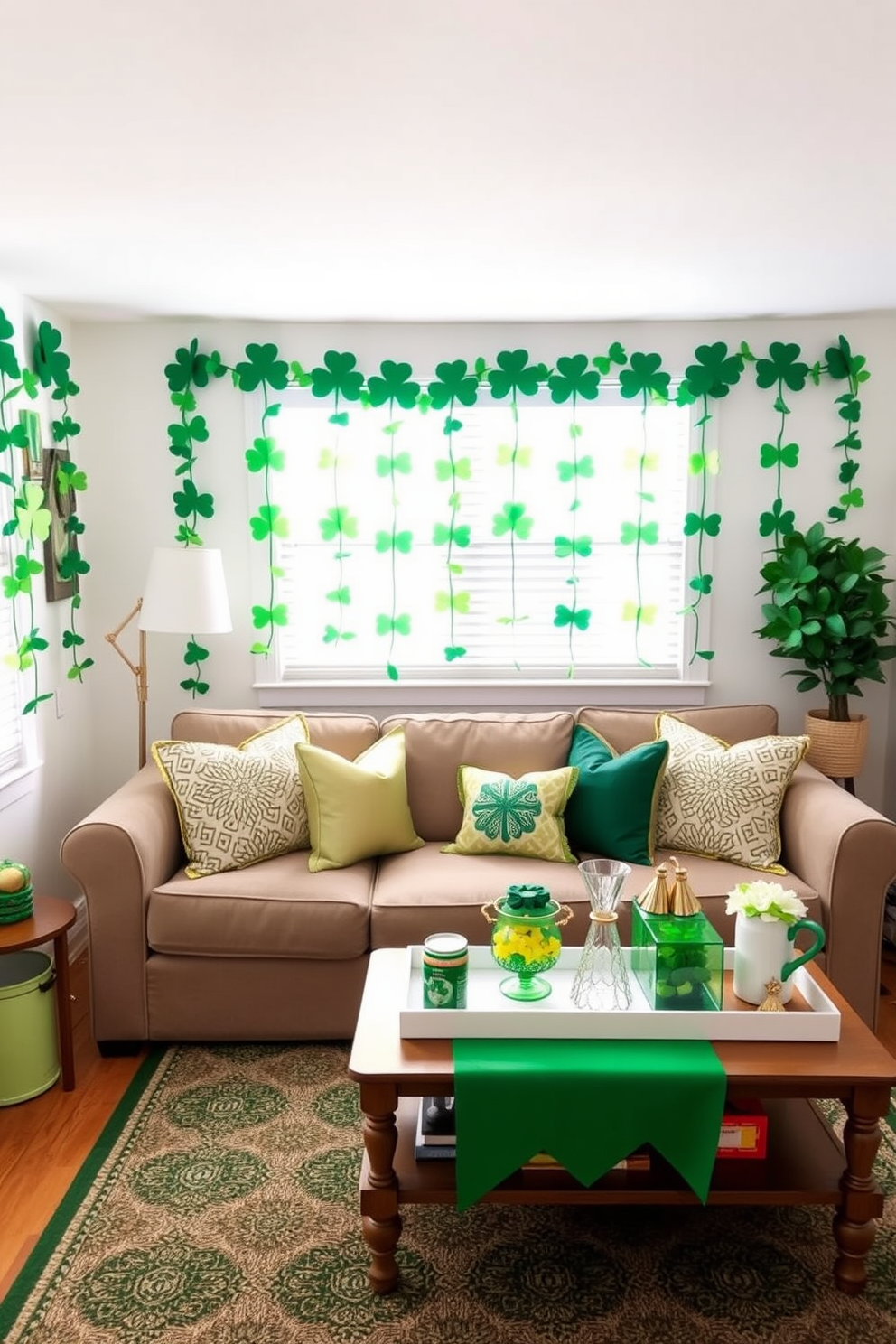 A small living room adorned with green fairy lights creating a cozy and inviting atmosphere. The space features a plush sofa with soft cushions and a coffee table decorated with festive St. Patrick's Day elements like shamrock coasters and a centerpiece of fresh green flowers.