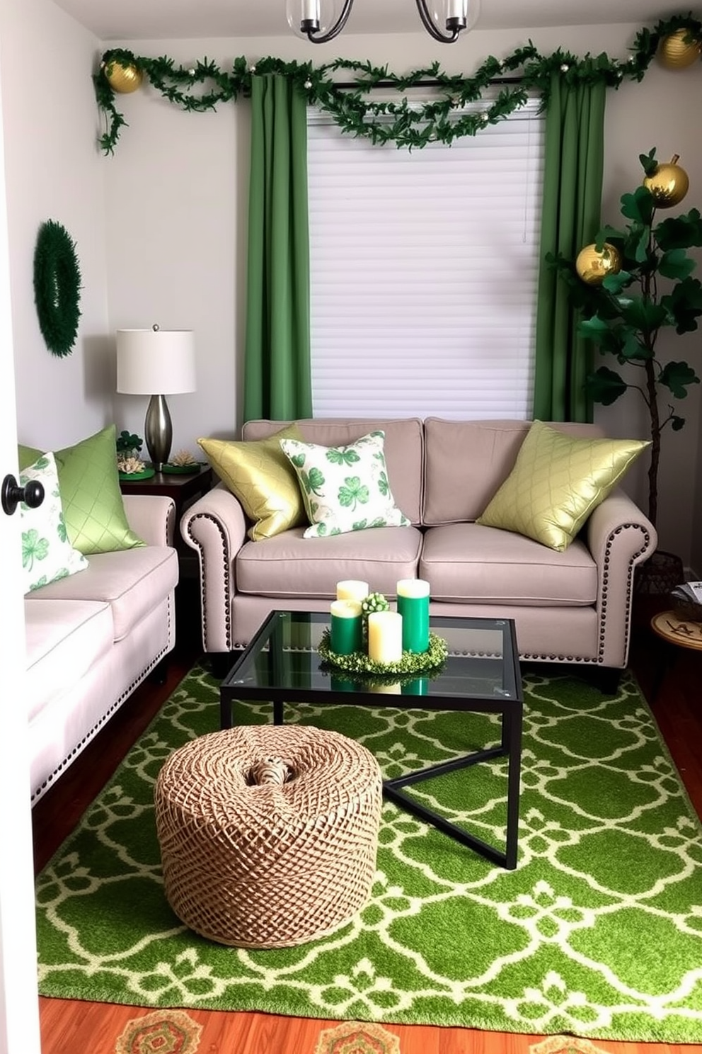 A cozy small living room adorned for St. Patrick's Day features a soft green sofa with plush cushions. On the coffee table, gold coins are scattered decoratively among small potted shamrocks and festive candles.