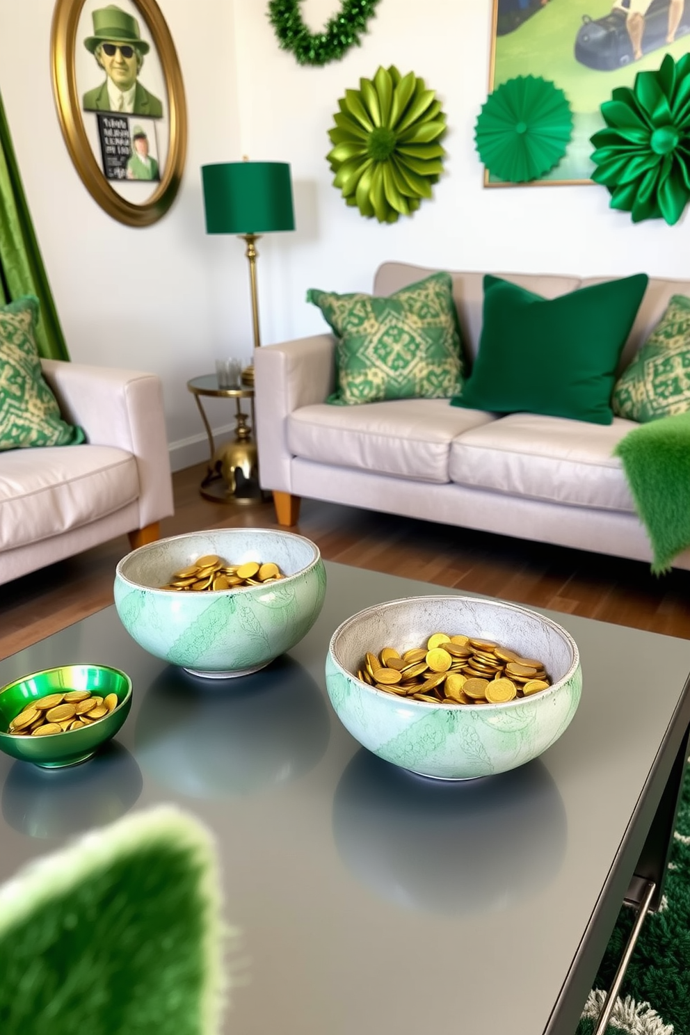 Decorative bowls filled with gold coins are artfully arranged on a sleek coffee table in a cozy small living room. The walls are adorned with festive green accents, and plush cushions in shades of emerald and gold create a welcoming atmosphere for St. Patrick's Day celebrations.