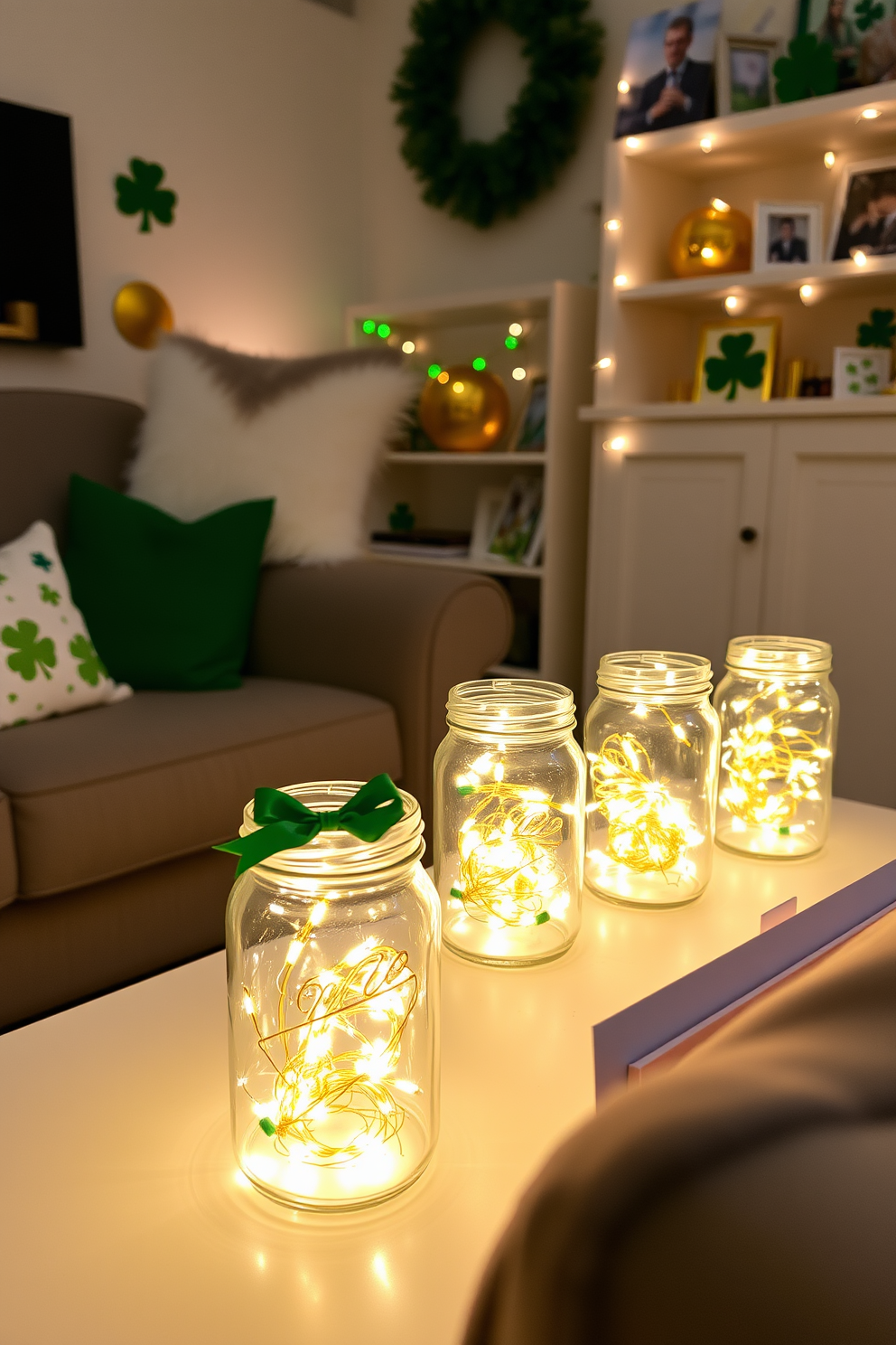 Tabletop fairy lights are arranged in charming glass jars, casting a warm and inviting glow throughout the space. The small living room is adorned with festive touches of green and gold, celebrating the spirit of St. Patrick's Day with playful decorations.