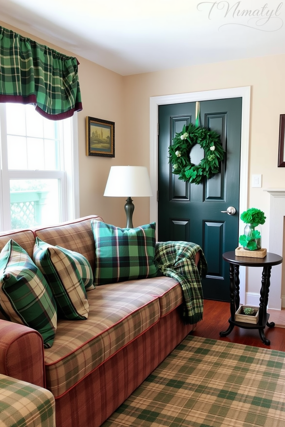 A cozy small living room adorned with plaid patterns in textiles. The sofa features a mix of green and white plaid cushions, while a matching plaid throw drapes over the armrest. Decorative elements include a festive St. Patrick's Day wreath on the door and a small table centerpiece with shamrocks. The walls are painted a soft beige, complementing the rich green hues of the decor.