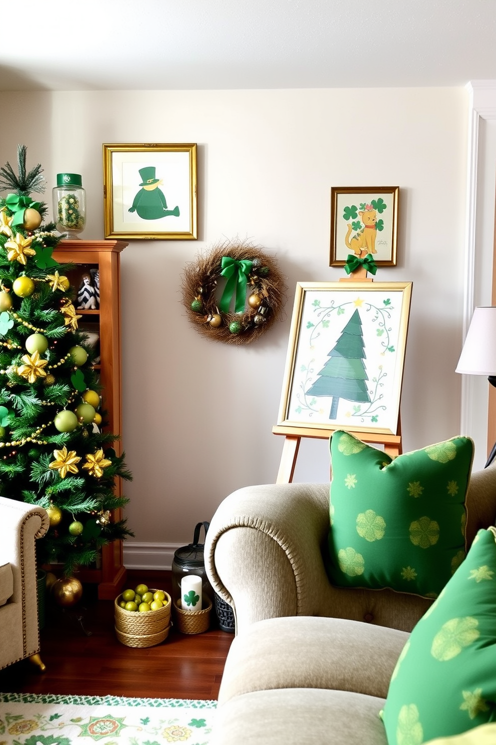 A cozy small living room decorated for St. Patrick's Day features a pot of gold filled with an assortment of colorful treats. The walls are adorned with green and gold accents, and a festive garland hangs above the mantel, creating a cheerful atmosphere.