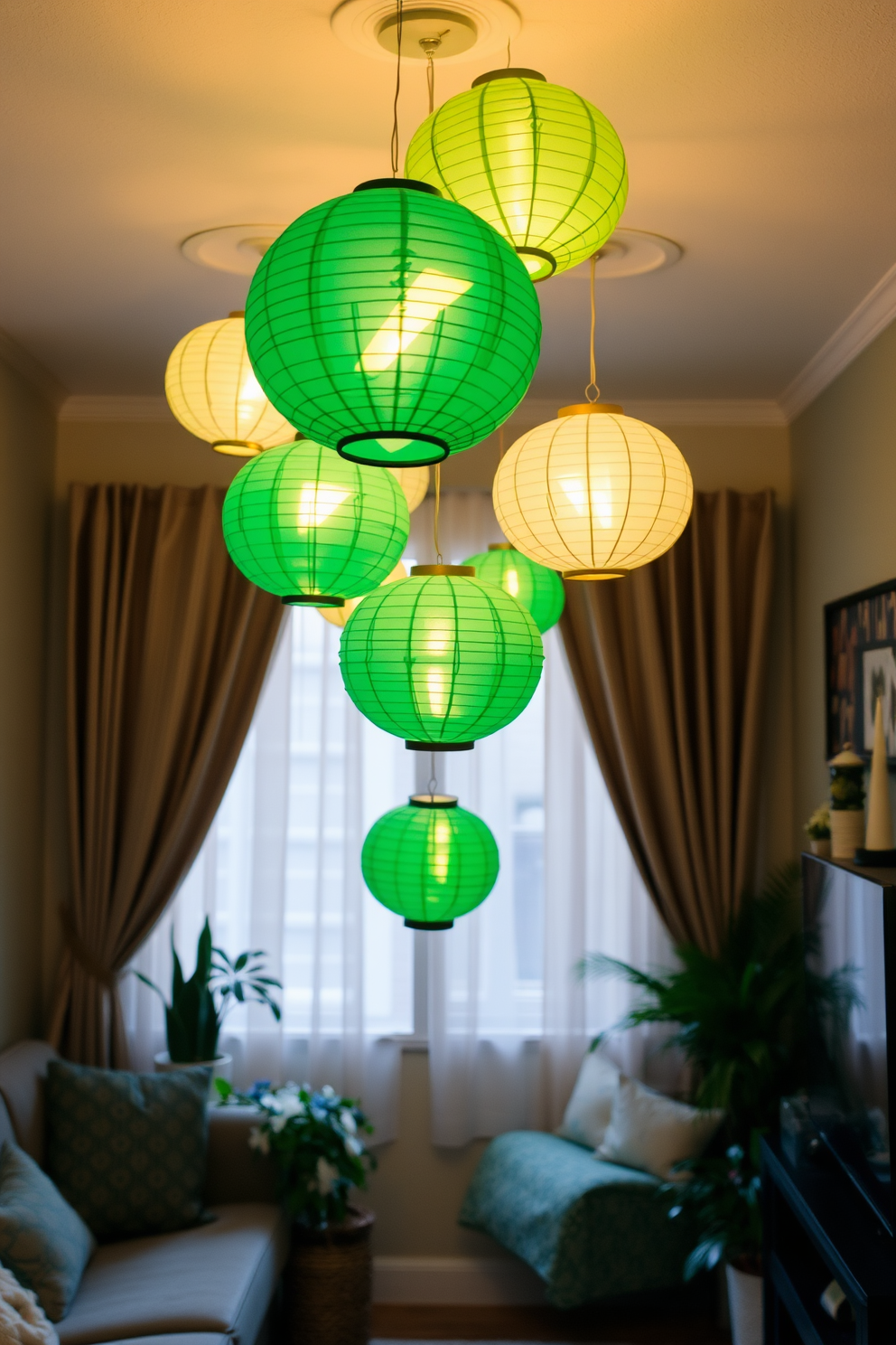 A cozy small living room adorned for St. Patrick's Day features green glass vases filled with fresh flowers. The space is enhanced with festive decorations, including shamrock-themed cushions and soft green throws draped over a neutral-colored sofa.