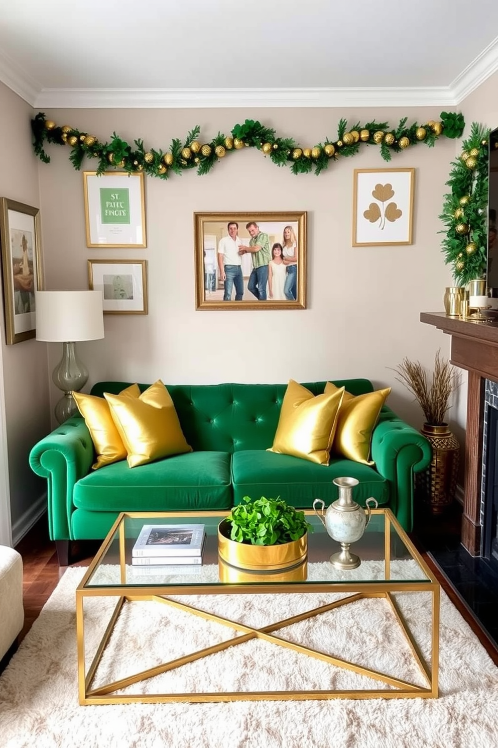 A cozy small living room adorned with gold accents in decor items. The space features a plush green sofa with gold throw pillows and a stylish coffee table with a gold frame. On the walls, there are framed St. Patrick's Day-themed art pieces with hints of gold. A festive garland with shamrocks and gold elements hangs above the mantel, creating a warm and inviting atmosphere.