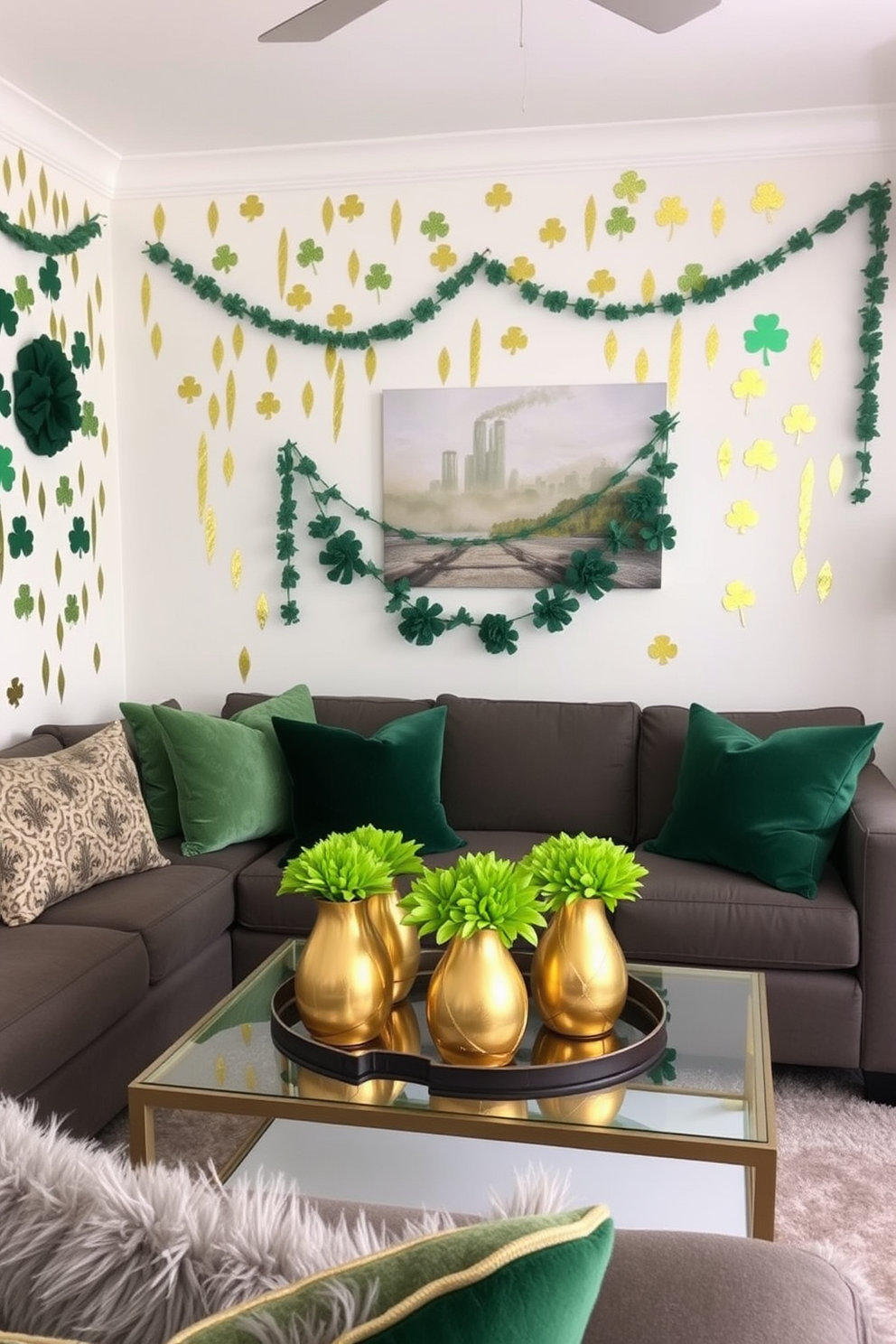 A small living room adorned with creative touches of gold spray paint. The walls are decorated with festive St. Patrick's Day accents, including shamrocks and green garlands. A stylish coffee table features a centerpiece of gold-painted pots filled with vibrant green flowers. Plush cushions in various shades of green and gold add a cozy and inviting feel to the space.