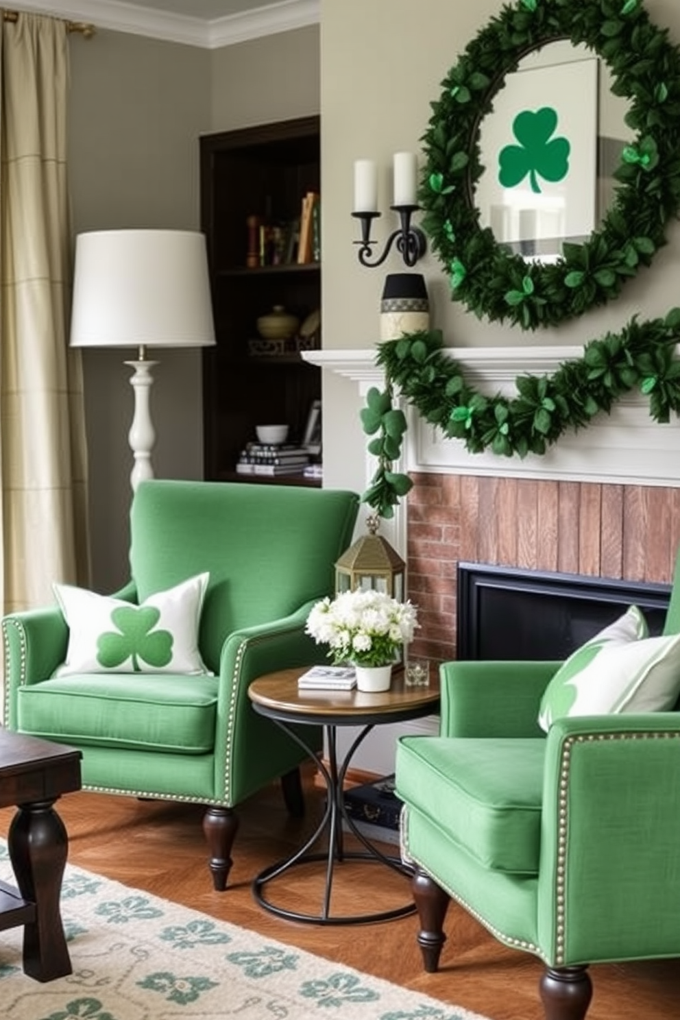 A cozy small living room adorned with Irish-themed artwork on the walls. The decorations celebrate St. Patrick's Day with vibrant green accents and charming Celtic designs.