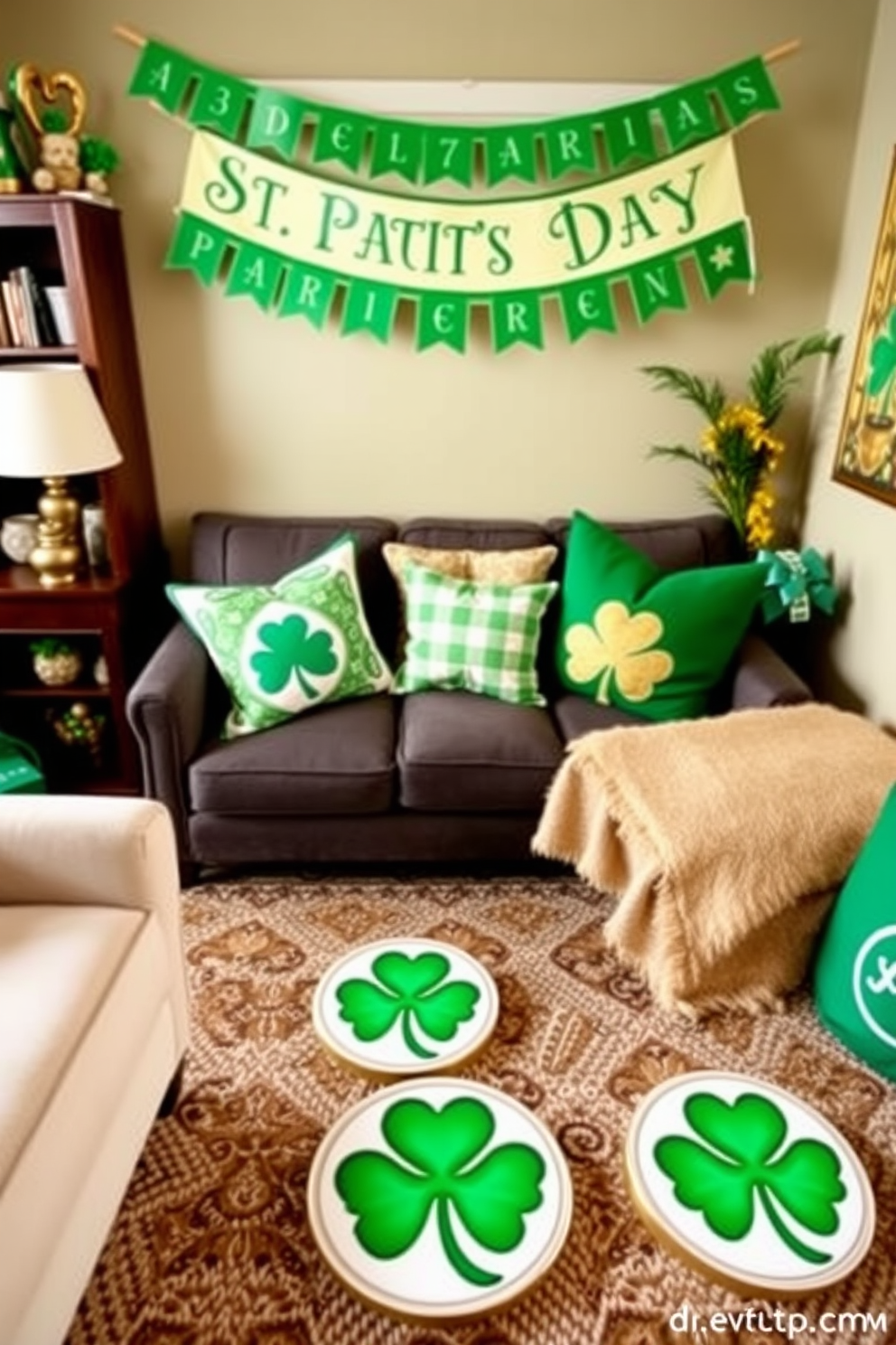 A cozy small living room adorned with St. Patrick's Day themed coasters featuring intricate shamrock designs. The space is filled with green and gold accents, including throw pillows and a festive banner hanging above the couch.