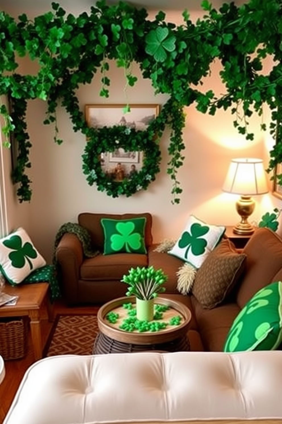 A green and gold themed dinnerware set is elegantly arranged on a polished wooden dining table. The plates feature intricate gold patterns on a rich green background, complemented by matching glassware and gold utensils. The small living room is adorned with festive St. Patrick's Day decorations. Shamrock-patterned throw pillows and a vibrant green table runner add a cheerful touch to the cozy space.