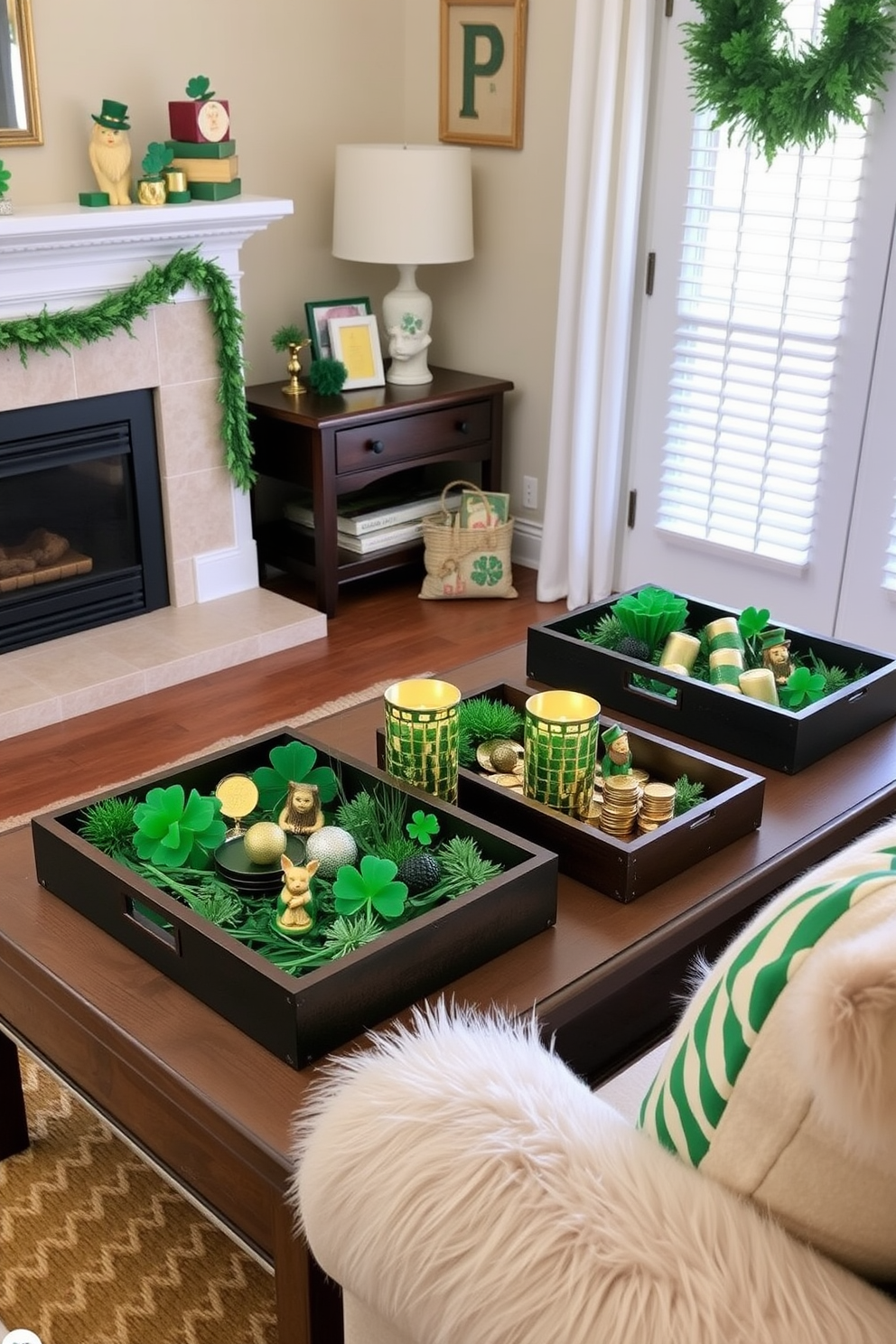 A cozy small living room adorned for St. Patrick's Day features decorative trays filled with festive items such as green shamrocks, gold coins, and small leprechaun figurines. The trays are strategically placed on a coffee table surrounded by plush seating, creating a warm and inviting atmosphere for celebrations.