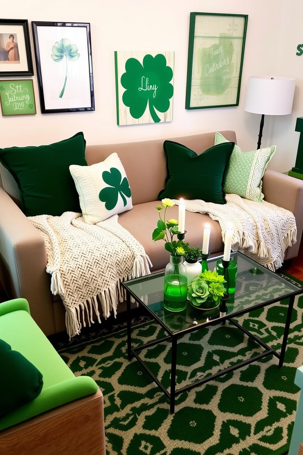 Layered textiles in varying shades of green create a cozy and inviting atmosphere in a small living room. Plush throw pillows and a soft knitted blanket adorn a stylish sofa, while a patterned area rug anchors the space. St. Patrick's Day decorations add a festive touch with accents like shamrock-themed cushions and green-hued wall art. A charming centerpiece featuring fresh flowers and candles complements the overall theme, making the room perfect for celebrating the holiday.