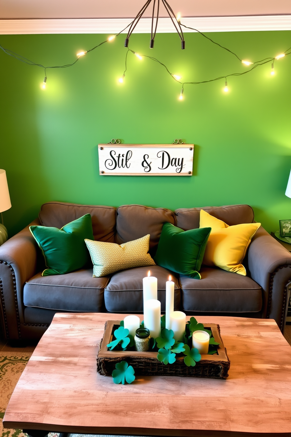 A cozy small living room adorned for St. Patrick's Day features a vibrant green accent wall. A charming personalized sign with festive lettering hangs above a plush sofa, surrounded by decorative pillows in shades of green and gold. The coffee table is set with a rustic centerpiece made of shamrocks and candles. String lights in the shape of shamrocks twinkle above, creating a warm and inviting atmosphere for the holiday celebration.