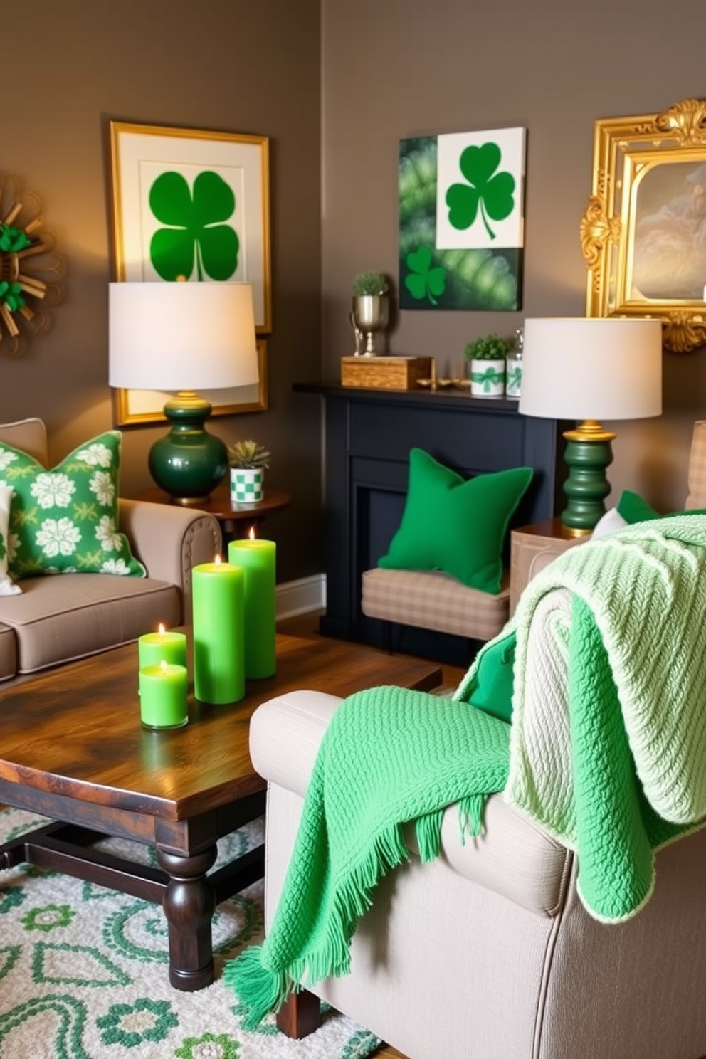 Create a cozy small living room setting for St. Patrick's Day. The space features seasonal scents with green candles placed on a rustic coffee table surrounded by plush seating. Decorate the walls with festive green and gold accents, including shamrock-themed artwork. A soft green throw blanket drapes over the arm of a comfortable chair, enhancing the inviting atmosphere.