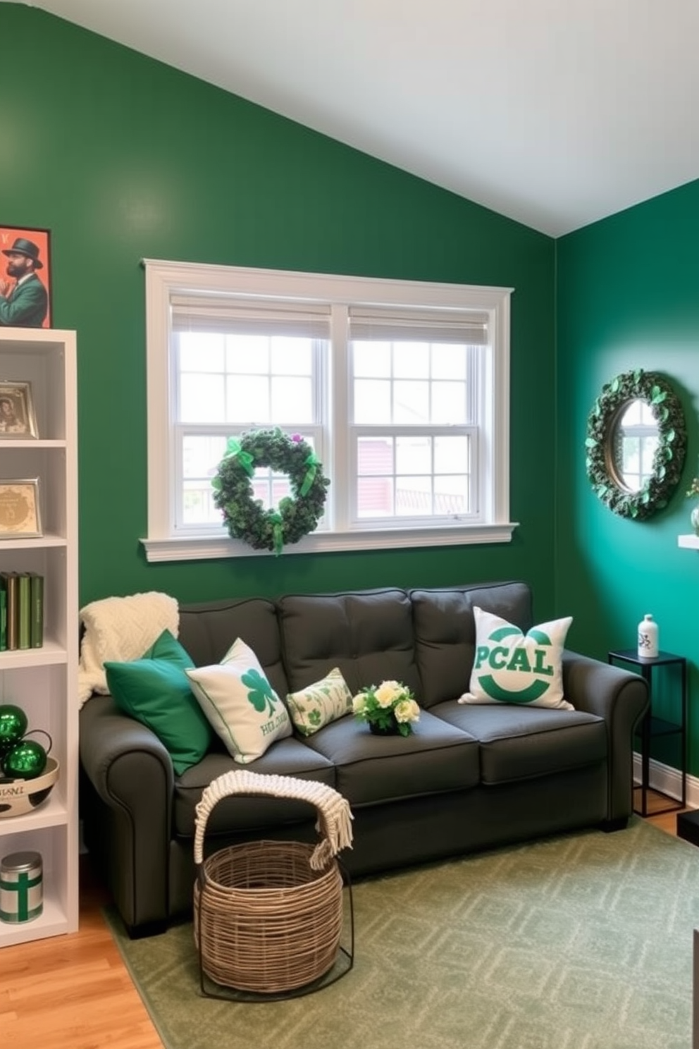 Festive cushions adorned with charming Irish sayings are scattered across a cozy sofa in a small living room. The cushions feature vibrant green and gold colors, enhancing the cheerful atmosphere for St. Patrick's Day celebrations.