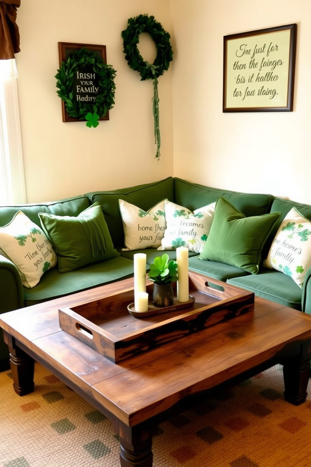 A cozy small living room adorned with festive St. Patrick's Day decorations. The walls are painted a soft cream, and a plush green sofa is accented with cushions featuring Irish quotes about home and family. A rustic wooden coffee table sits at the center, topped with a decorative tray holding a small potted shamrock and candles. On the walls, framed prints of traditional Irish sayings add warmth and charm to the space.