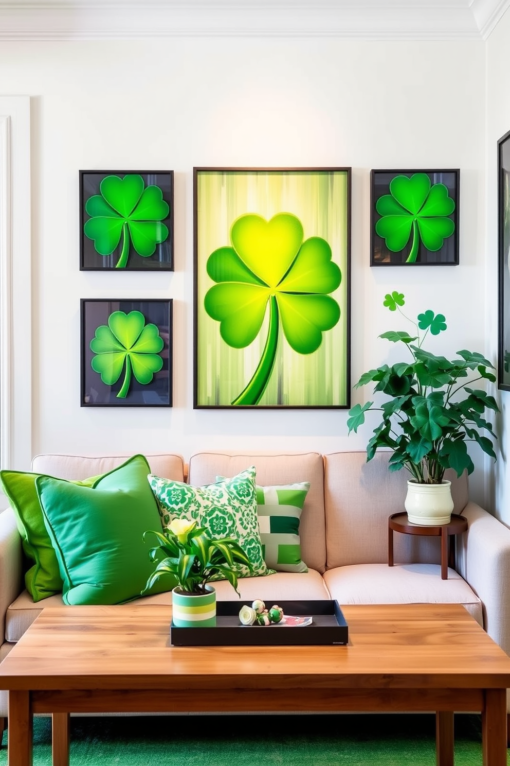 A cozy living room with a plush couch centered against the wall. Above the couch, vibrant shamrock wall art adds a festive touch, celebrating St. Patrick's Day with cheerful green hues.