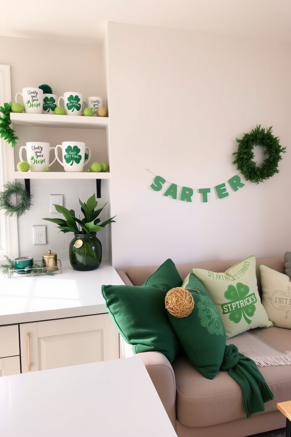 A cozy small living room decorated for St. Patrick's Day. Colorful rainbow streamers hang from the ceiling, creating a festive atmosphere.