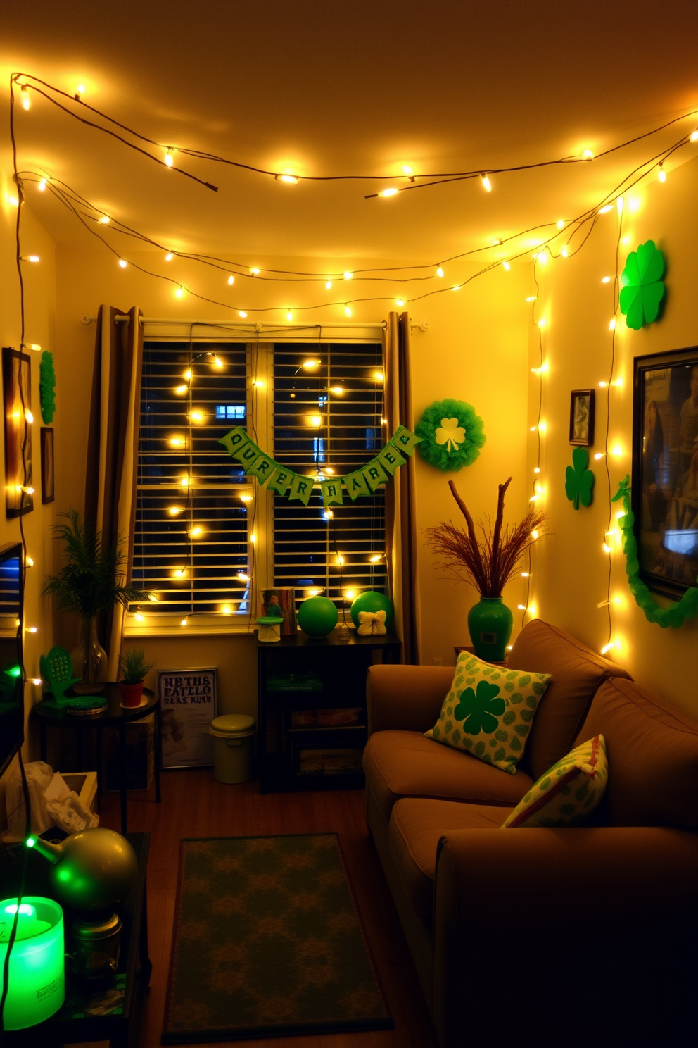 A small living room adorned for St. Patrick's Day features a vibrant festive garland decorated with shamrocks and rainbows. The cozy space includes green throw pillows on a neutral sofa and a cheerful table centerpiece with gold accents and seasonal decorations.