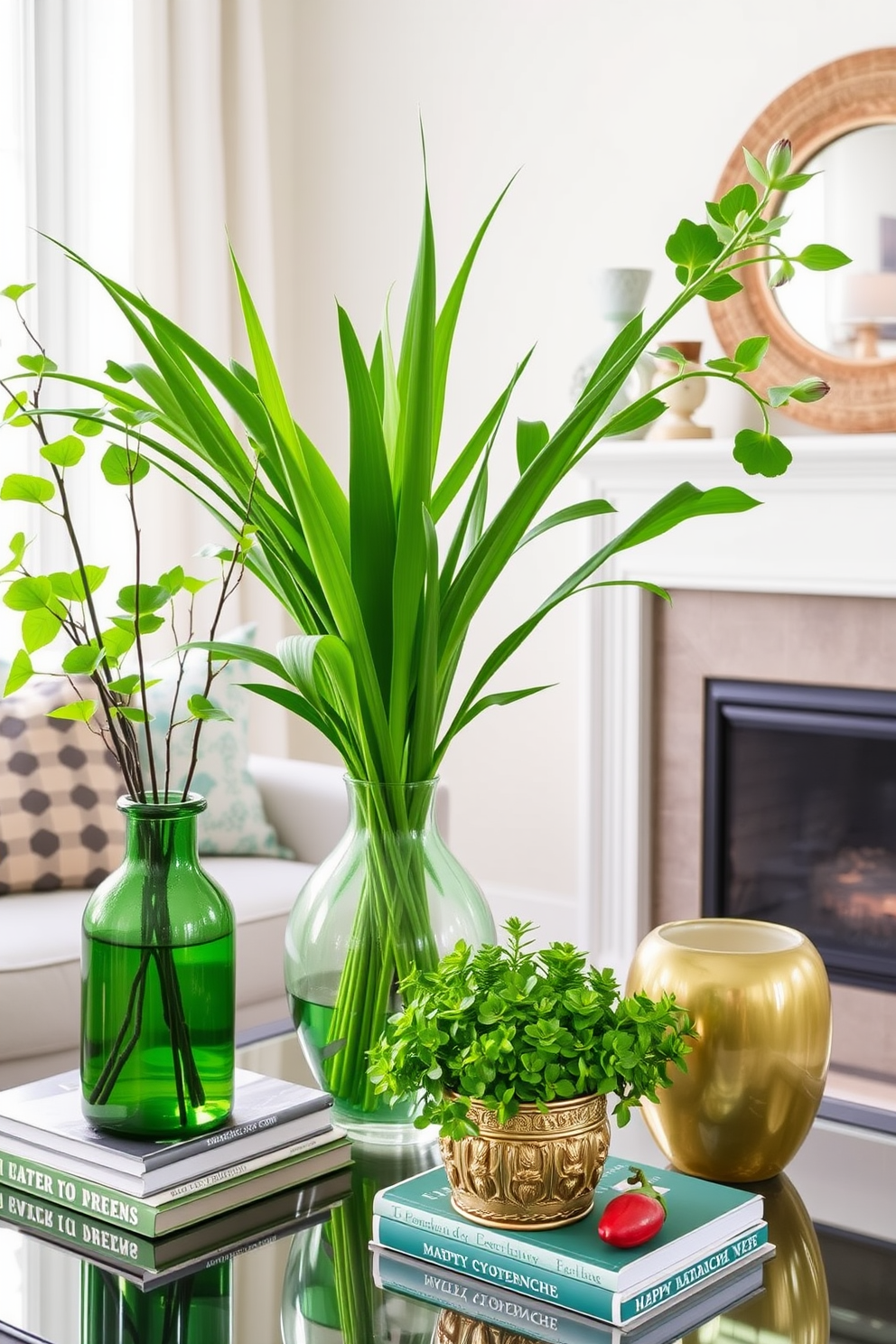 A cozy small living room adorned for St. Patrick's Day features shelves lined with miniature pots of gold. The pots are filled with faux coins and greenery, adding a festive touch to the warm and inviting space.